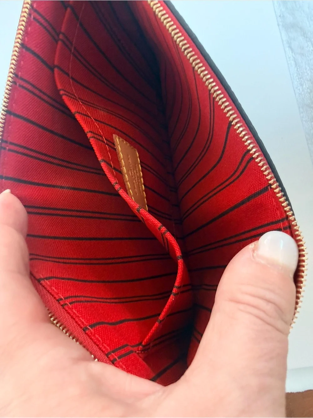 Louis Vuitton Monogram Neverfull Pouch in Brown with Red Trim and Red Interior